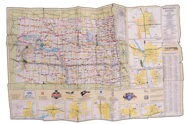 Jim’s well-used map of North Dakota. (Photo: Gregory Locnikar)